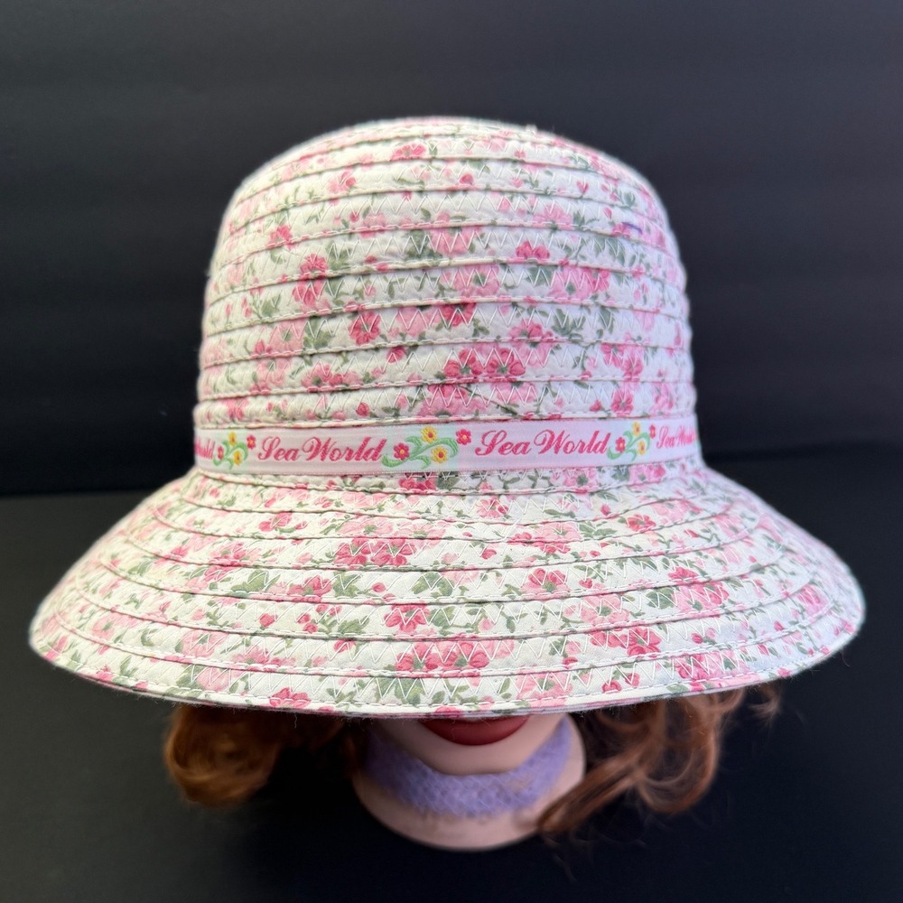 SeaWorld Floral Sun Hat Adult OS Pink White Braided 100% Cotton Wide Brim Beach